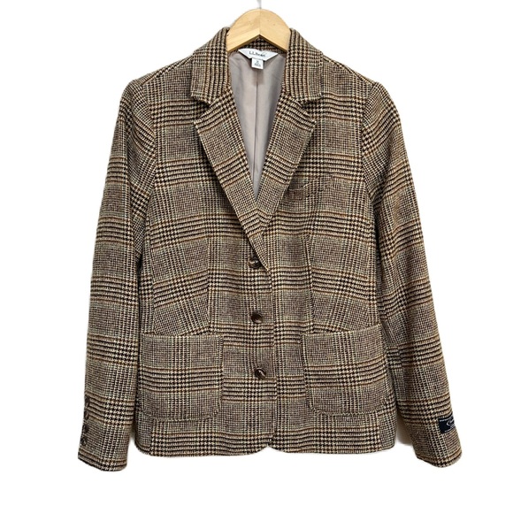 L.L. Bean Jackets & Blazers - L.L. Bean Wool Silk Blend Blazer Jacket Brown Tan Plaid Hounds Women’s Medium
